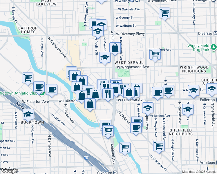 map of restaurants, bars, coffee shops, grocery stores, and more near 2439 North Marshfield Avenue in Chicago