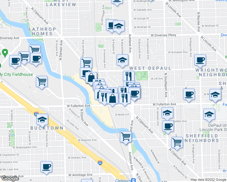map of restaurants, bars, coffee shops, grocery stores, and more near 2449 North Clybourn Avenue in Chicago