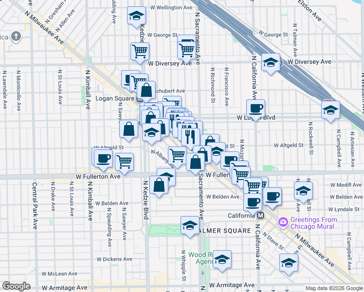 map of restaurants, bars, coffee shops, grocery stores, and more near 2482 North Milwaukee Avenue in Chicago