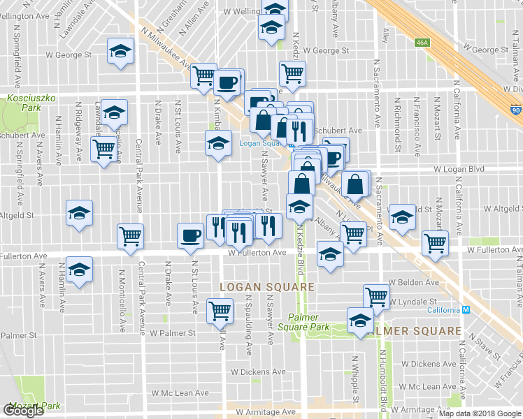 map of restaurants, bars, coffee shops, grocery stores, and more near 2500 North Sawyer Avenue in Chicago