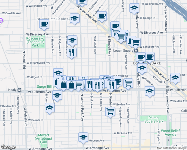 map of restaurants, bars, coffee shops, grocery stores, and more near 3518 West Altgeld Street in Chicago
