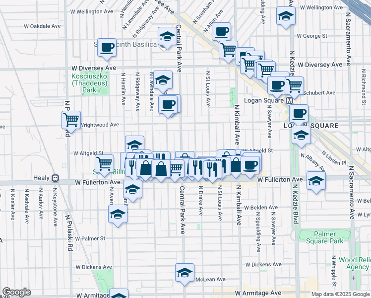 map of restaurants, bars, coffee shops, grocery stores, and more near 2502 North Central Park Avenue in Chicago