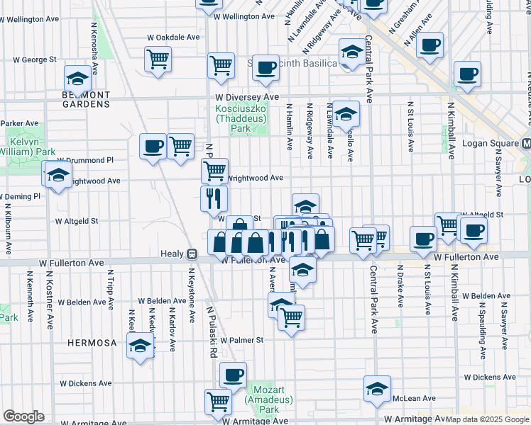 map of restaurants, bars, coffee shops, grocery stores, and more near 2503 North Avers Avenue in Chicago