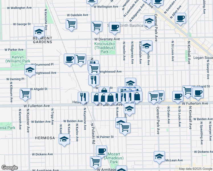 map of restaurants, bars, coffee shops, grocery stores, and more near 3906 West Altgeld Street in Chicago