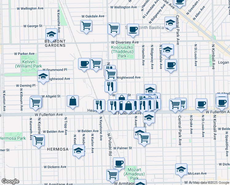 map of restaurants, bars, coffee shops, grocery stores, and more near 2500 North Harding Avenue in Chicago