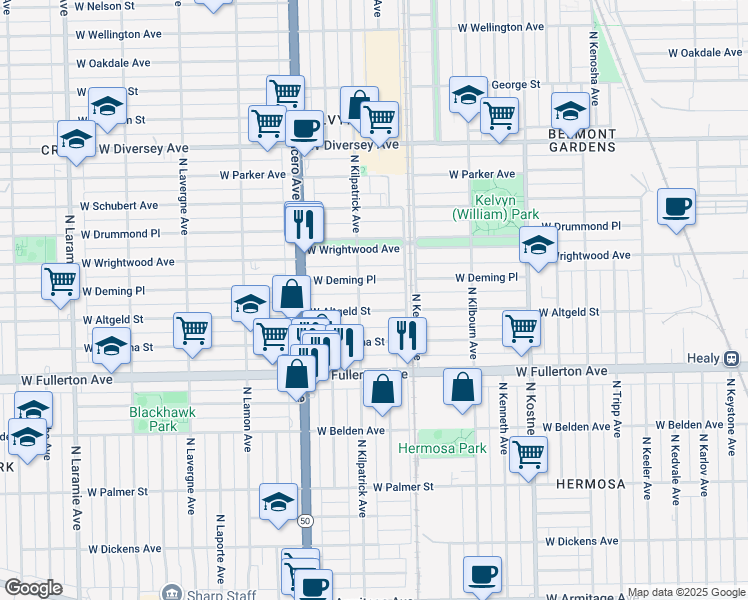 map of restaurants, bars, coffee shops, grocery stores, and more near 2504 North Kilpatrick Avenue in Chicago