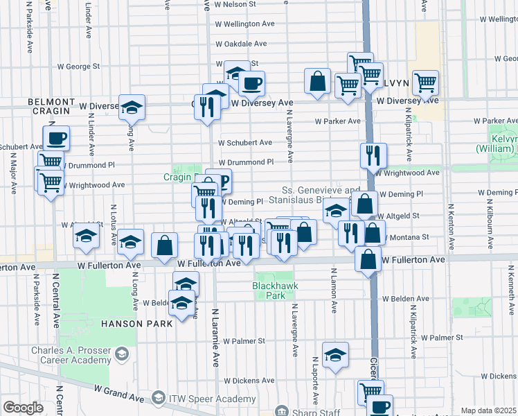 map of restaurants, bars, coffee shops, grocery stores, and more near 5043 West Deming Place in Chicago