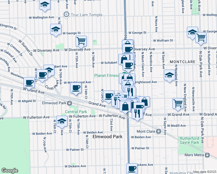 map of restaurants, bars, coffee shops, grocery stores, and more near 2529 73rd Avenue in Chicago