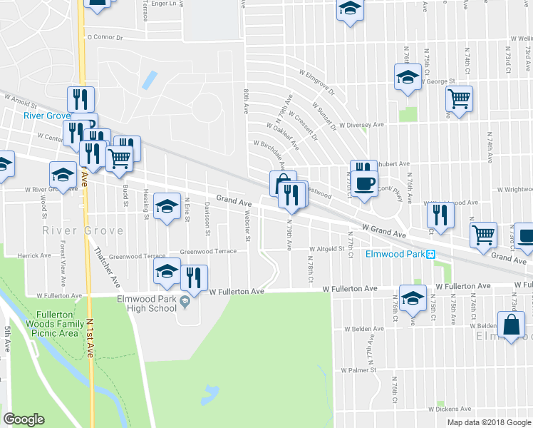 map of restaurants, bars, coffee shops, grocery stores, and more near 2535 North East Brook Road in Elmwood Park