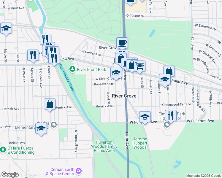 map of restaurants, bars, coffee shops, grocery stores, and more near in River Grove