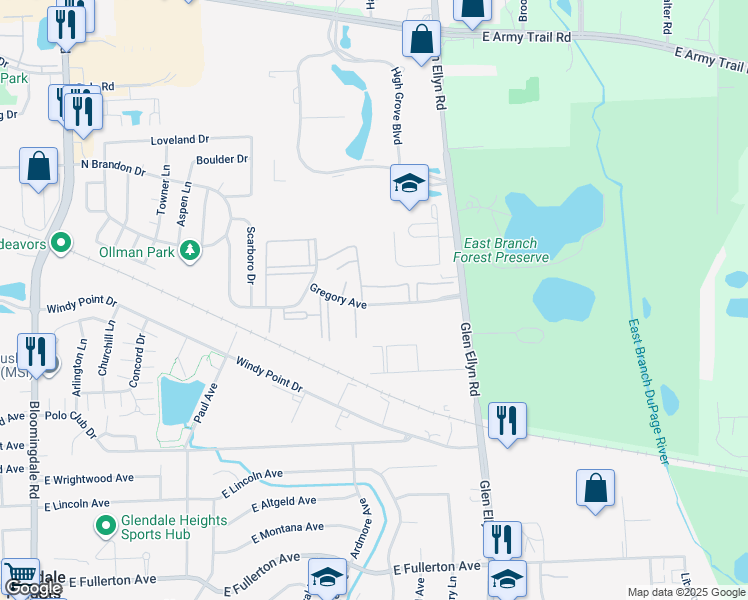 map of restaurants, bars, coffee shops, grocery stores, and more near 497 Gregory Avenue in Glendale Heights