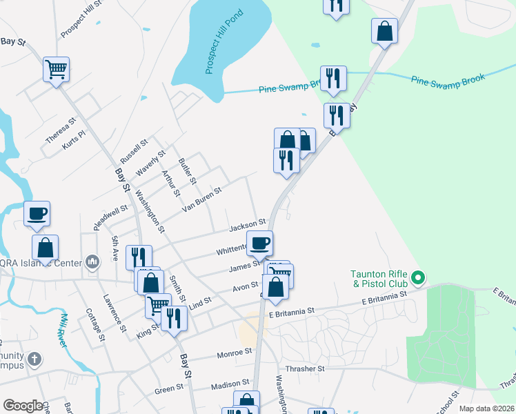 map of restaurants, bars, coffee shops, grocery stores, and more near 25 Vaillancourt Street in Taunton