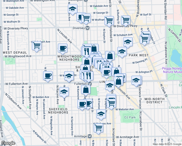 map of restaurants, bars, coffee shops, grocery stores, and more near 956 West Montana Street in Chicago