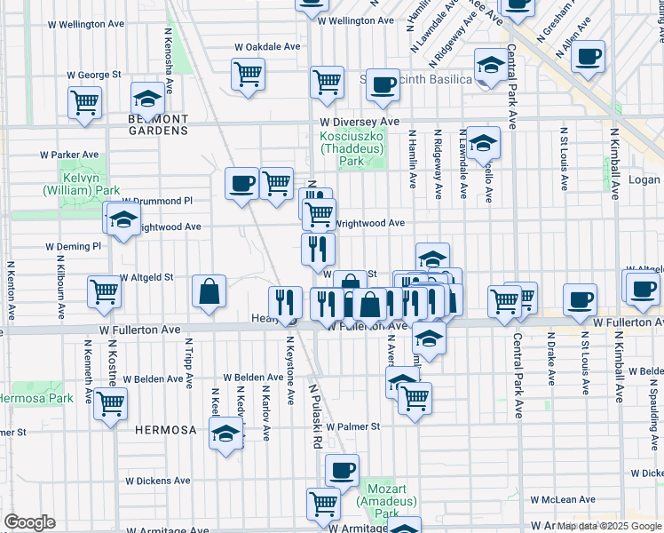 map of restaurants, bars, coffee shops, grocery stores, and more near 2500 North Harding Avenue in Chicago