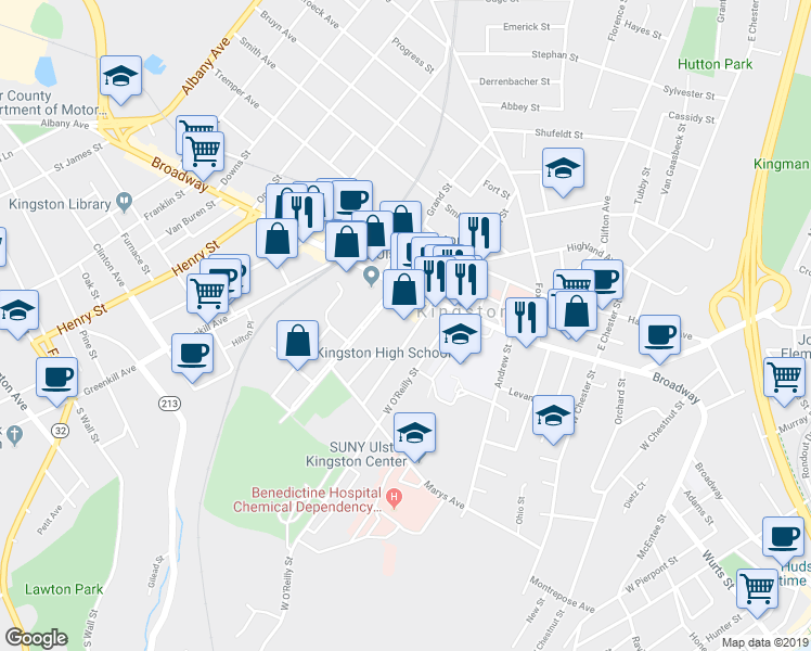 map of restaurants, bars, coffee shops, grocery stores, and more near 27 Hoffman Street in Kingston