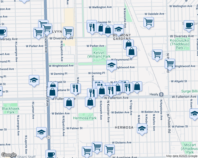 map of restaurants, bars, coffee shops, grocery stores, and more near 4434 West Altgeld Street in Chicago