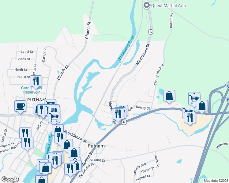 map of restaurants, bars, coffee shops, grocery stores, and more near 105 Mechanics Street in Putnam