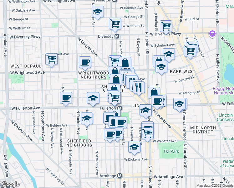 map of restaurants, bars, coffee shops, grocery stores, and more near 970 West Montana Street in Chicago