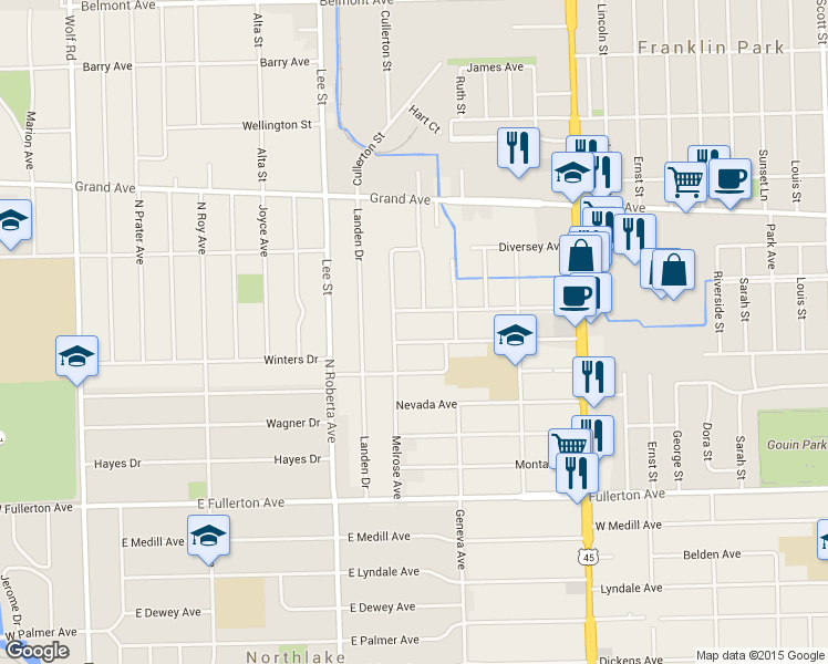 map of restaurants, bars, coffee shops, grocery stores, and more near 10622 Drummond Ave in Melrose Park