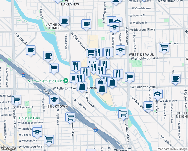 map of restaurants, bars, coffee shops, grocery stores, and more near 1830 West Fullerton Avenue in Chicago