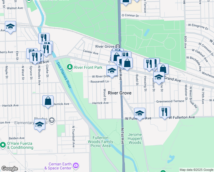map of restaurants, bars, coffee shops, grocery stores, and more near in River Grove