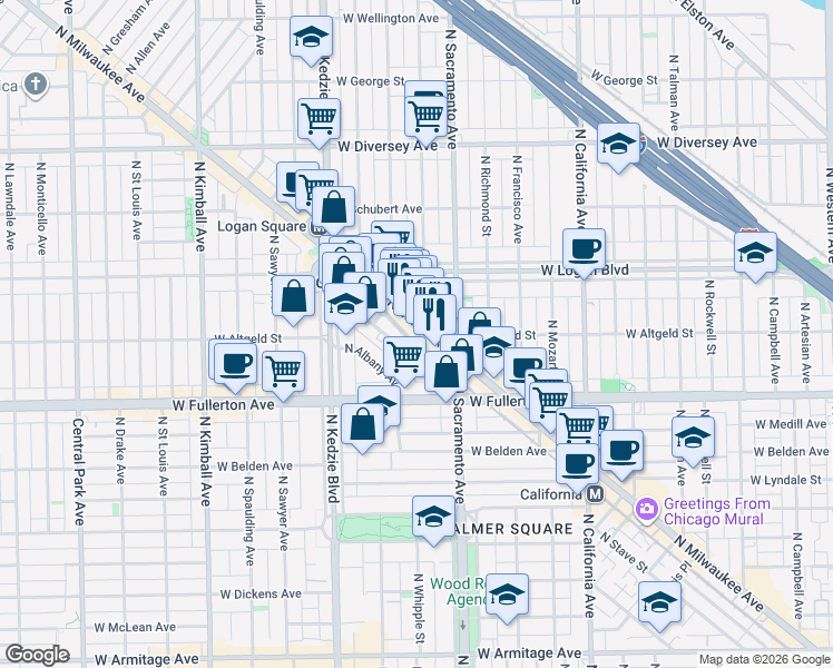 map of restaurants, bars, coffee shops, grocery stores, and more near 2482 North Milwaukee Avenue in Chicago