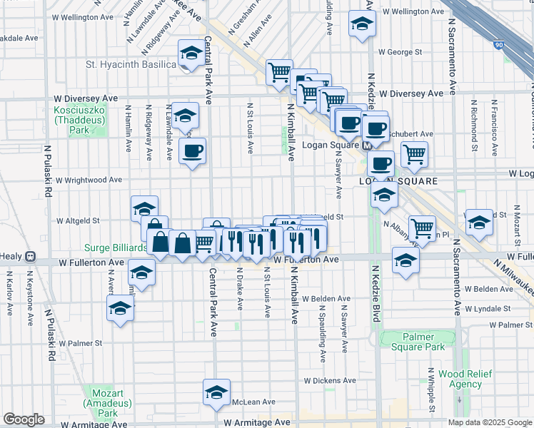 map of restaurants, bars, coffee shops, grocery stores, and more near 2502 North Bernard Street in Chicago