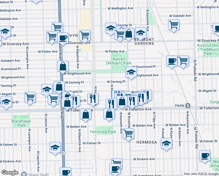 map of restaurants, bars, coffee shops, grocery stores, and more near 4506 W Altgeld St in Chicago