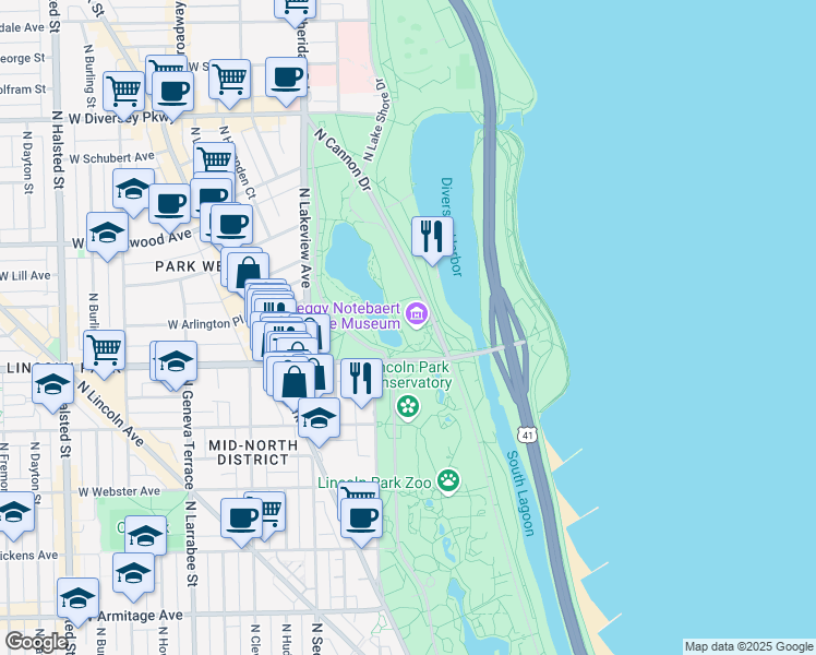 map of restaurants, bars, coffee shops, grocery stores, and more near 2430 North Cannon Drive in Chicago
