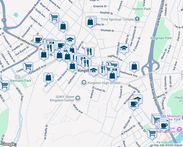 map of restaurants, bars, coffee shops, grocery stores, and more near 408 Broadway in Kingston