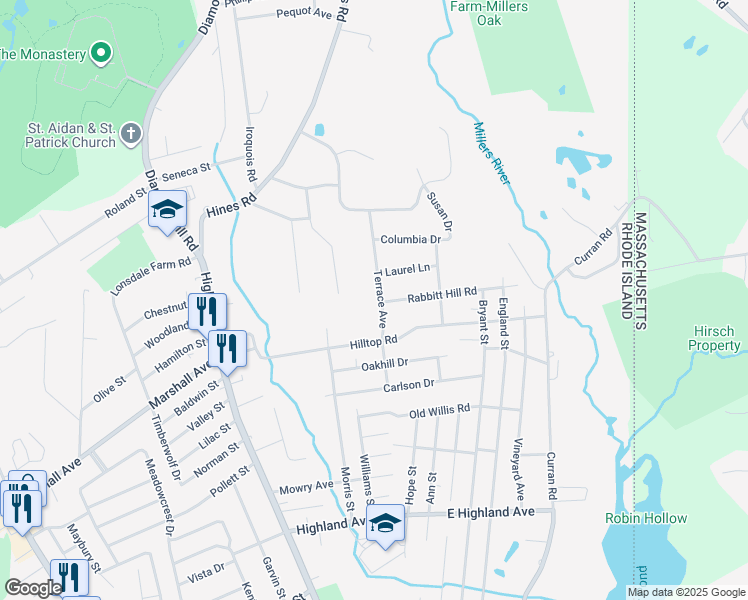map of restaurants, bars, coffee shops, grocery stores, and more near 90 Terrace Avenue in Cumberland