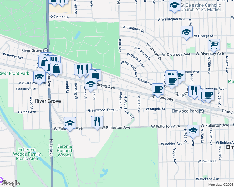 map of restaurants, bars, coffee shops, grocery stores, and more near 2554 Haymond Street in River Grove