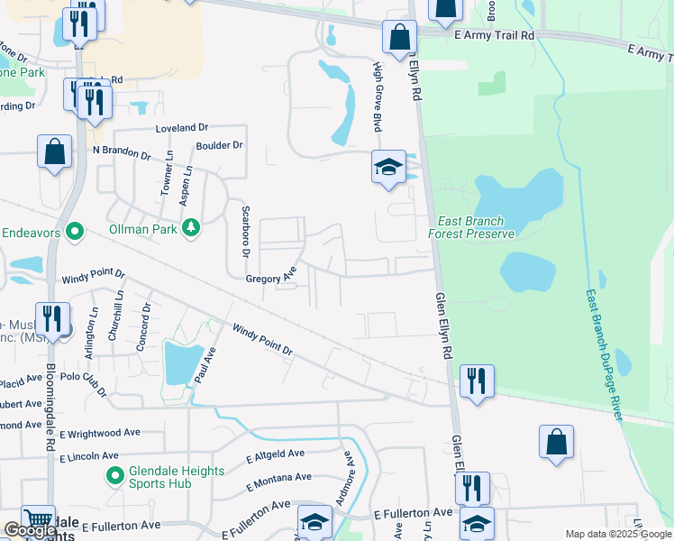 map of restaurants, bars, coffee shops, grocery stores, and more near 468 Gregory Avenue in Glendale Heights