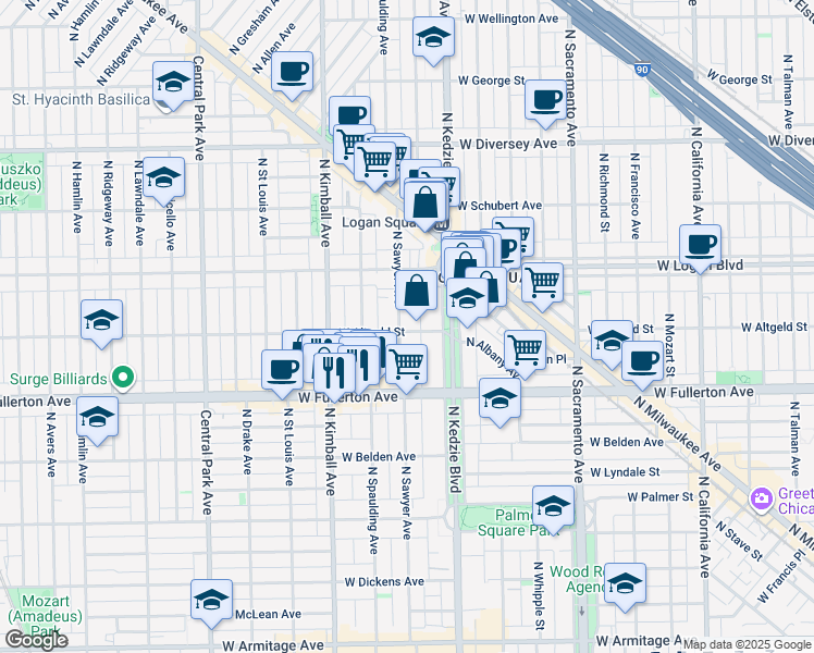 map of restaurants, bars, coffee shops, grocery stores, and more near 2501 North Sawyer Avenue in Chicago