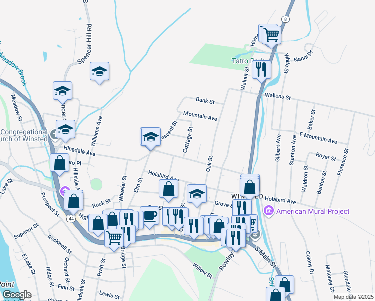 map of restaurants, bars, coffee shops, grocery stores, and more near 12 Cottage Street in Winsted