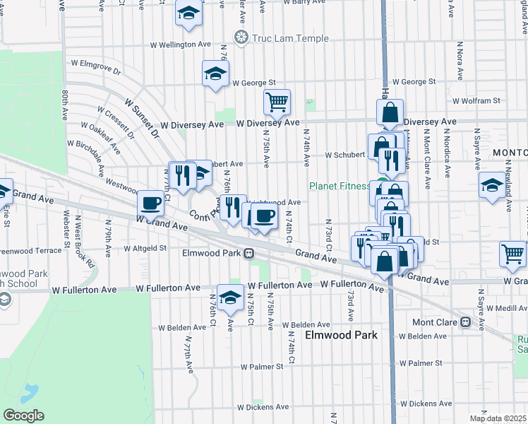 map of restaurants, bars, coffee shops, grocery stores, and more near 2533 North 75th Court in Elmwood Park