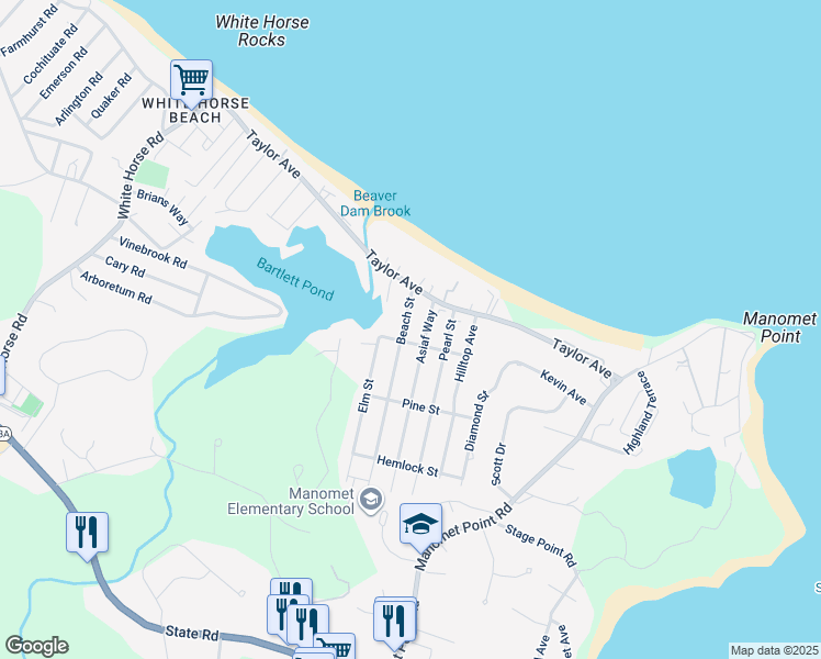 map of restaurants, bars, coffee shops, grocery stores, and more near 23 Beach Street in Plymouth