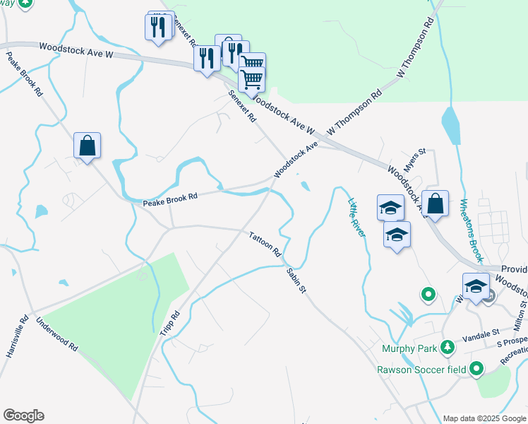map of restaurants, bars, coffee shops, grocery stores, and more near 243 Harrisville Road in Woodstock