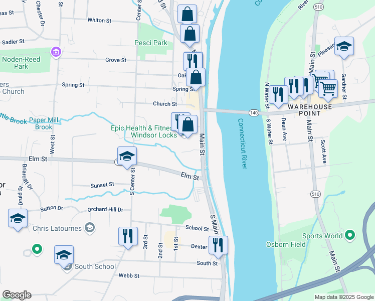 map of restaurants, bars, coffee shops, grocery stores, and more near 14 Main Street in Windsor Locks