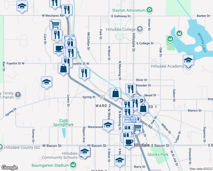 map of restaurants, bars, coffee shops, grocery stores, and more near 4 Spring Street in Hillsdale