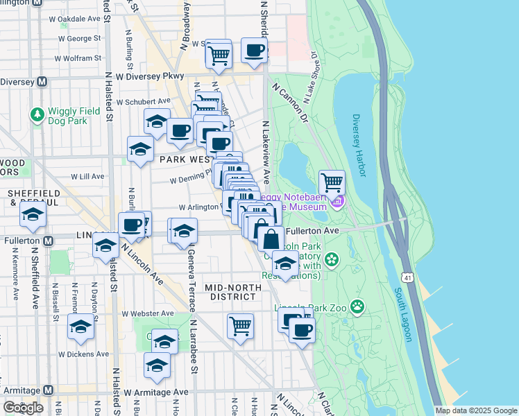 map of restaurants, bars, coffee shops, grocery stores, and more near 2430 North Lakeview Avenue in Chicago