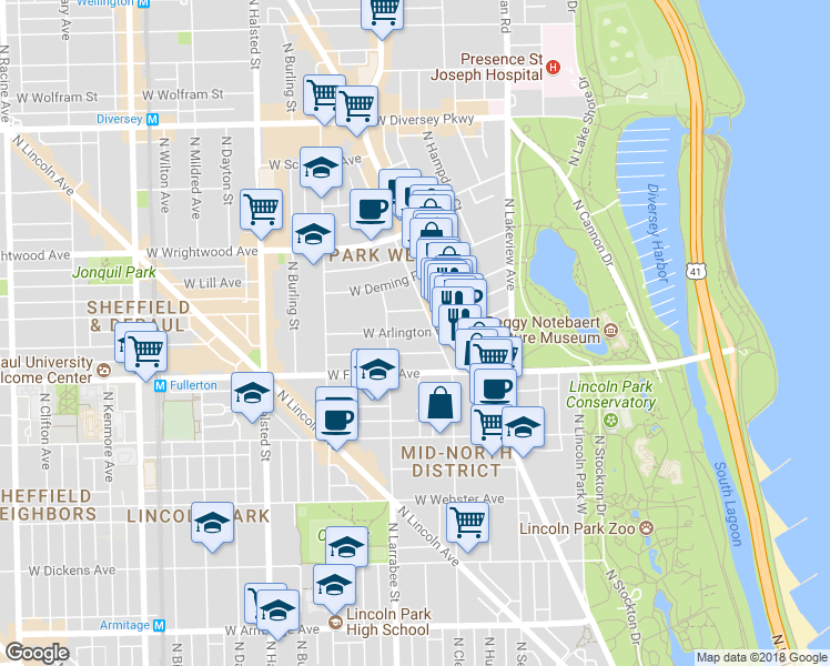 map of restaurants, bars, coffee shops, grocery stores, and more near 559 West Arlington Place in Chicago