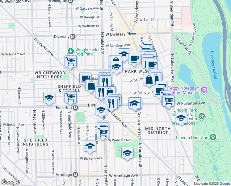map of restaurants, bars, coffee shops, grocery stores, and more near 2434 North Orchard Street in Chicago