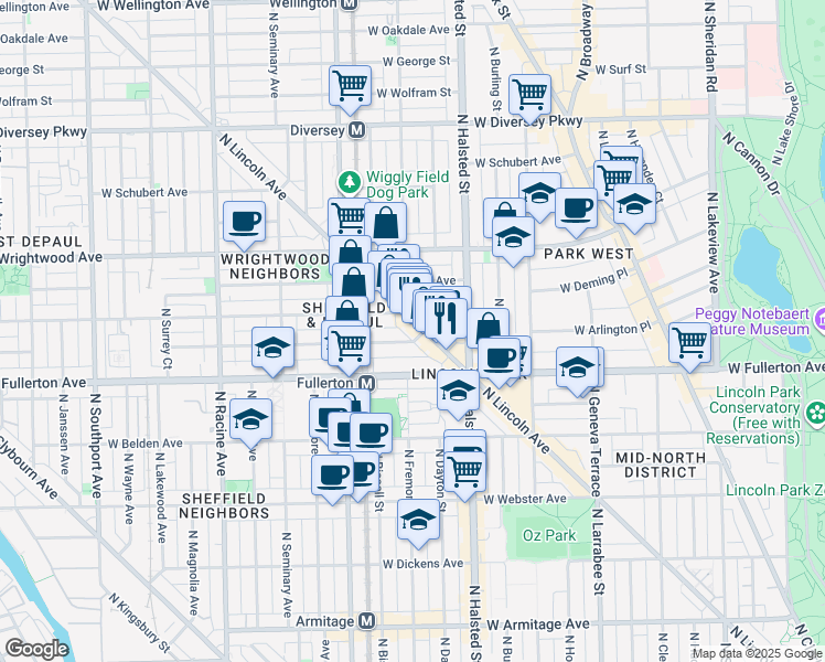 map of restaurants, bars, coffee shops, grocery stores, and more near 2442 North Lincoln Avenue in Chicago