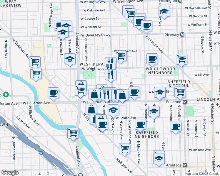 map of restaurants, bars, coffee shops, grocery stores, and more near 2447 North Southport Avenue in Chicago