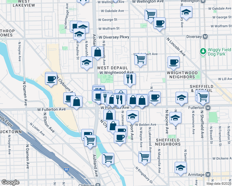 map of restaurants, bars, coffee shops, grocery stores, and more near 2442 North Greenview Avenue in Chicago