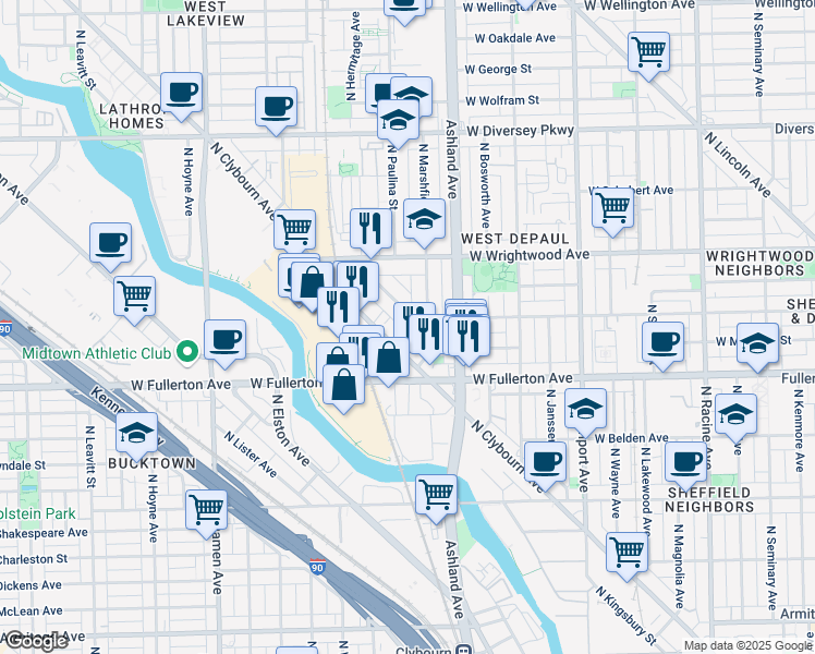 map of restaurants, bars, coffee shops, grocery stores, and more near 2449 North Clybourn Avenue in Chicago