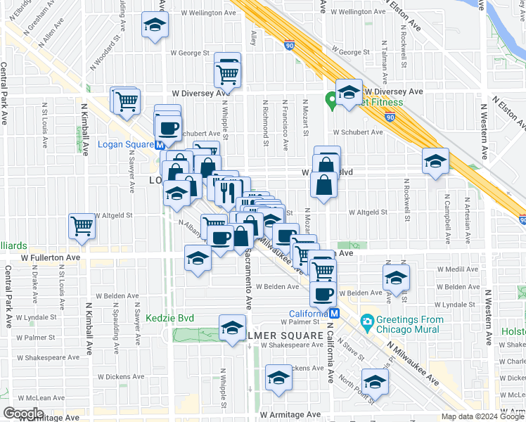 map of restaurants, bars, coffee shops, grocery stores, and more near 2451 North Sacramento Avenue in Chicago