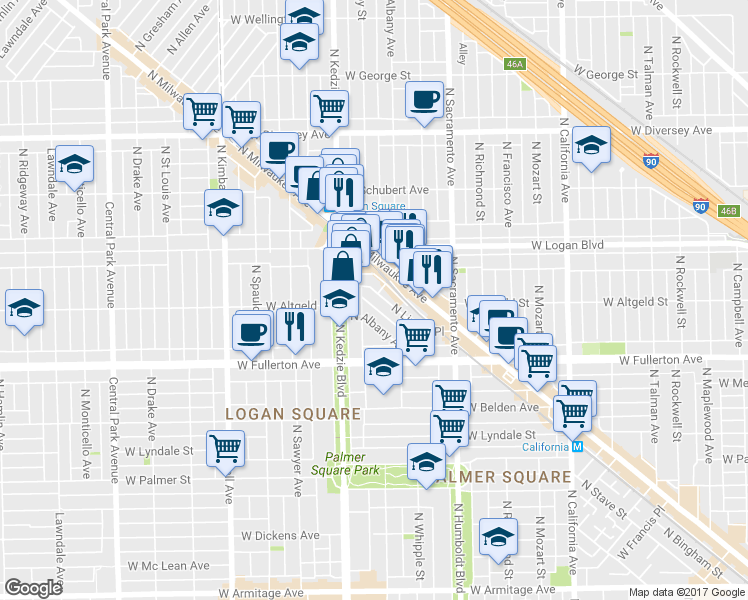 map of restaurants, bars, coffee shops, grocery stores, and more near 2451 North Kedzie Avenue in Chicago