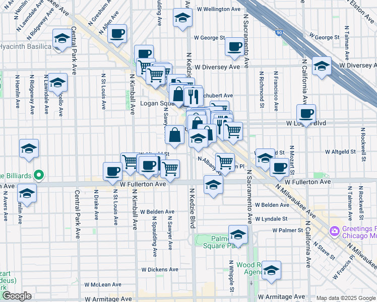 map of restaurants, bars, coffee shops, grocery stores, and more near 2454 North Kedzie Boulevard in Chicago